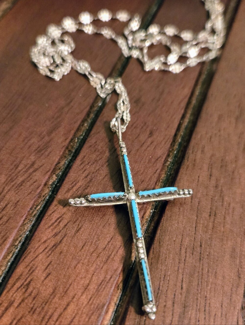 Vintage Sterling Silver Zuni Double Sided Turquoise & Coral Cross Pendant Neckla